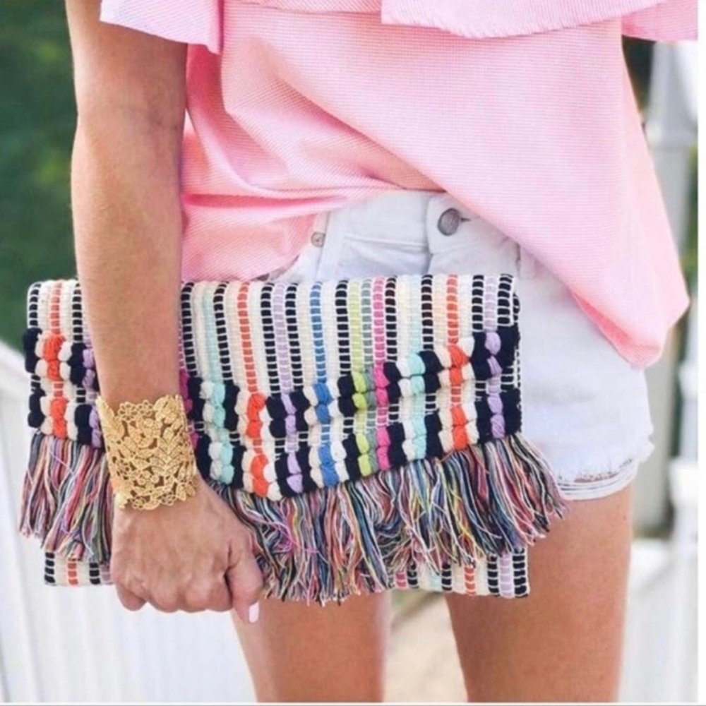 Stella & Dot Taj Clutch boho fringe colorful woven purse